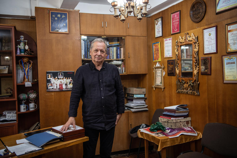 Director of the Uzhhorod municipal theatre Mariukhnych Vasyl Vasylovych poses inside his office on July 14, 2022.