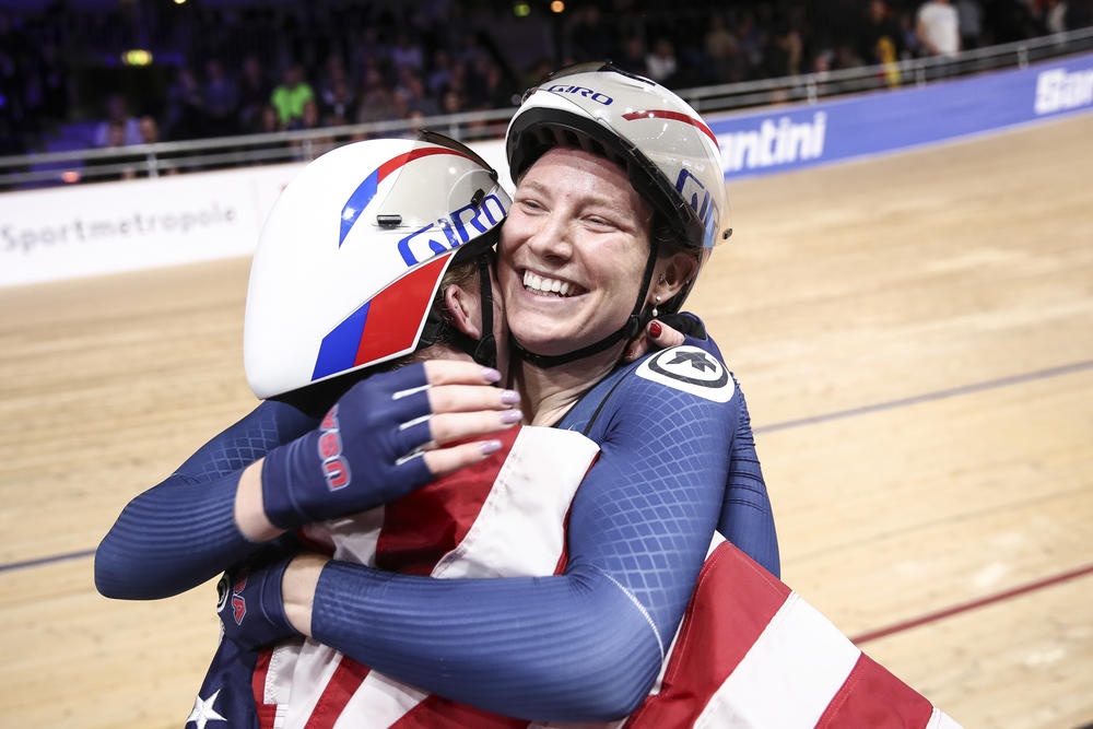 Lily Williams celebrates after the Women's Team Pursuit Finals during the second day of the UCI Track Cycling World Championships on Feb. 27, 2020, in Berlin.
