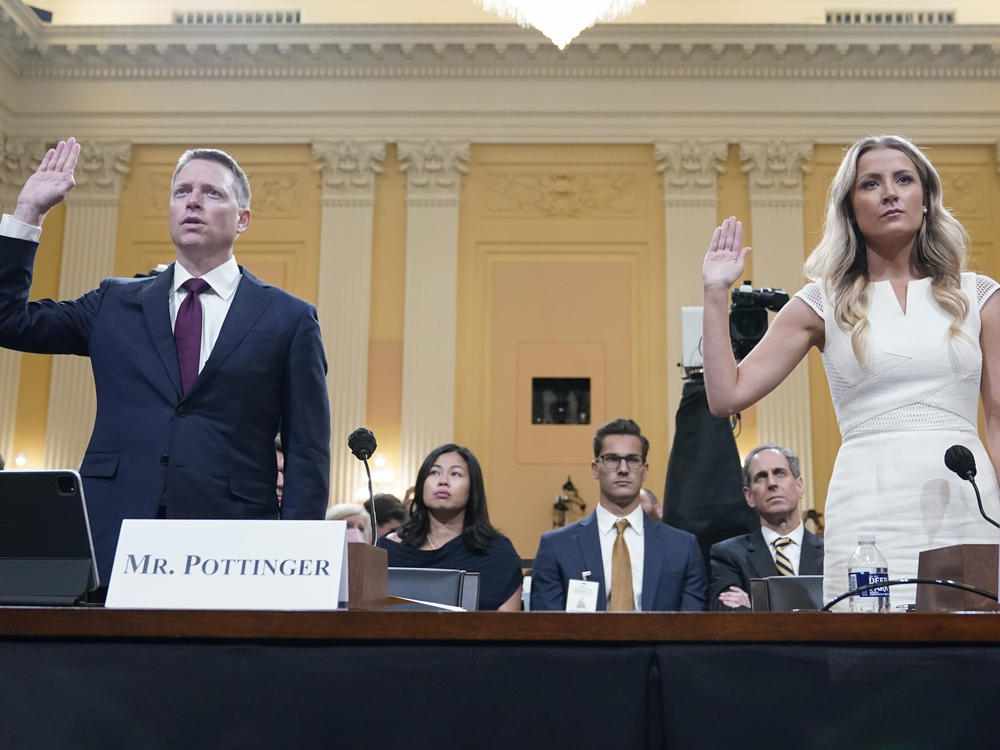Matt Pottinger, former deputy national security adviser, and Sarah Matthews, former White House deputy press secretary, are sworn in to testify as the House select committee investigating the Jan. 6 attack on the U.S. Capitol holds a hearing on Thursday.