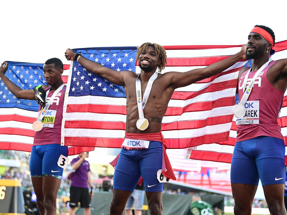 The U.S. swept the men's 200m final at the World Athletics Championships at Hayward Field  in Eugene, Ore., with Noah Lyles setting a new U.S. record. At left is bronze medalist Erriyon Knighton; at right is silver medalist Kenneth Bednarek.