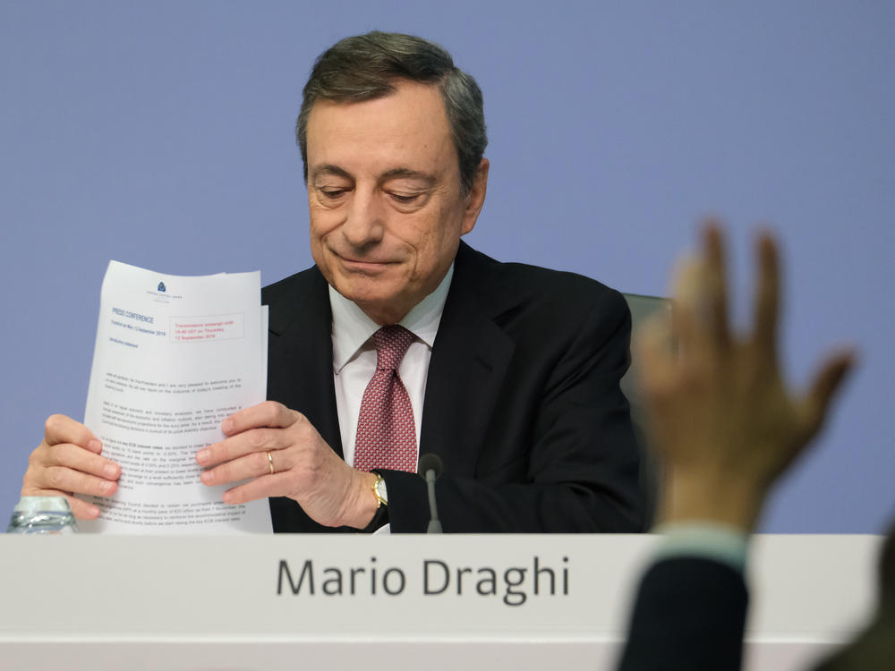 Mario Draghi, President of the European Central Bank, prepares to answer a reporter's question following a meeting of the ECB governing board on September 12, 2019 in Frankfurt am Main, Germany. Draghi announced the board had agreed to drop the ECB's key rate by 10 basis points in an effort to stimulate Eurozone economies.