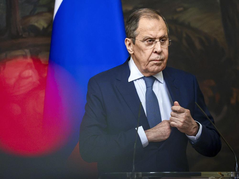FILE - In this handout photo released by Russian Foreign Ministry Press Service, Russian Foreign Minister Sergey Lavrov attends a joint news conference with Hungary's Minister of Foreign Affairs and Trade Peter Szijjarto following their talks in Moscow, Russia, on July 21, 2022.