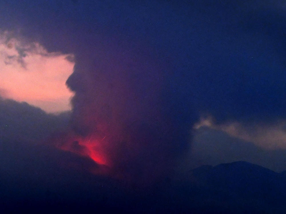 This long exposure image shows the eruption of volcano Sakurajima Sunday night in the view from Tarumizu city, which is in Japan's southern prefecture of Kagoshima.