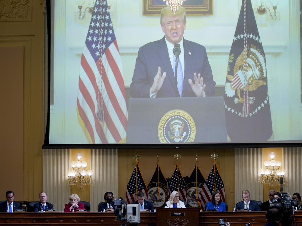 A video of President Donald Trump recording a statement on Jan. 7, 2021, is played, as the House select committee investigating the Jan. 6 attack on the U.S. Capitol holds a hearing on July 21.