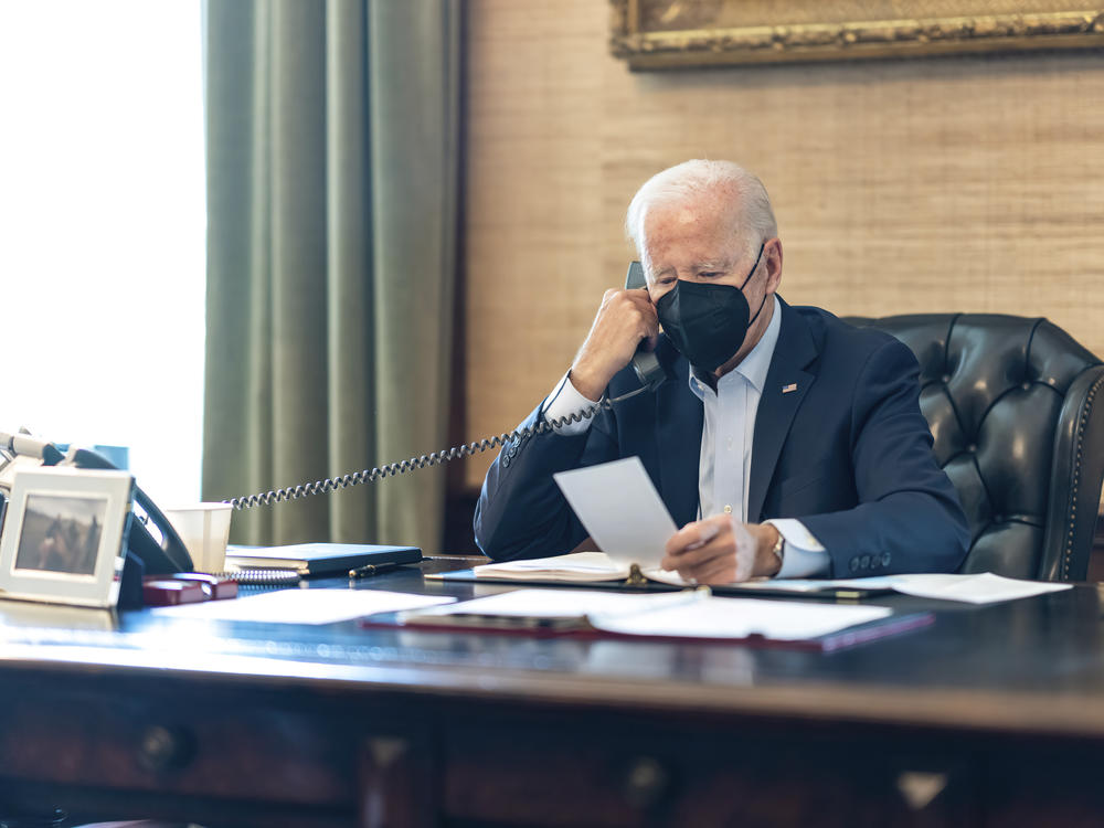President Joe Biden speaks on the phone with his national security team on July 22 from the White House in Washington.