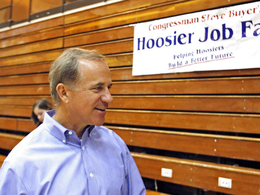 Then-Rep. Stephen Buyer, R-Ind., talks in 2010 during a job fair in Lafayette, Ind. The former U.S. congressman is among nine people charged Monday in four separate and unrelated insider trading schemes.