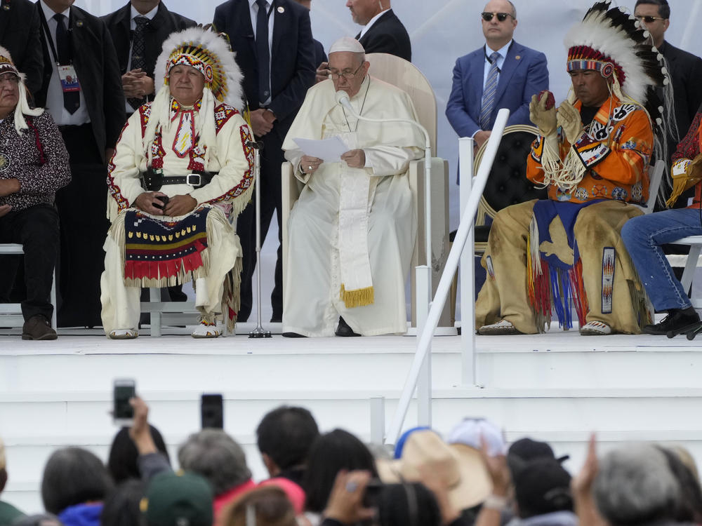 Pope Francis delivers remarks as he meets Indigenous communities — including First Nations, Metis and Inuit — at Our Lady of Seven Sorrows Catholic Church in Maskwacis, near Edmonton, Canada, on Monday.