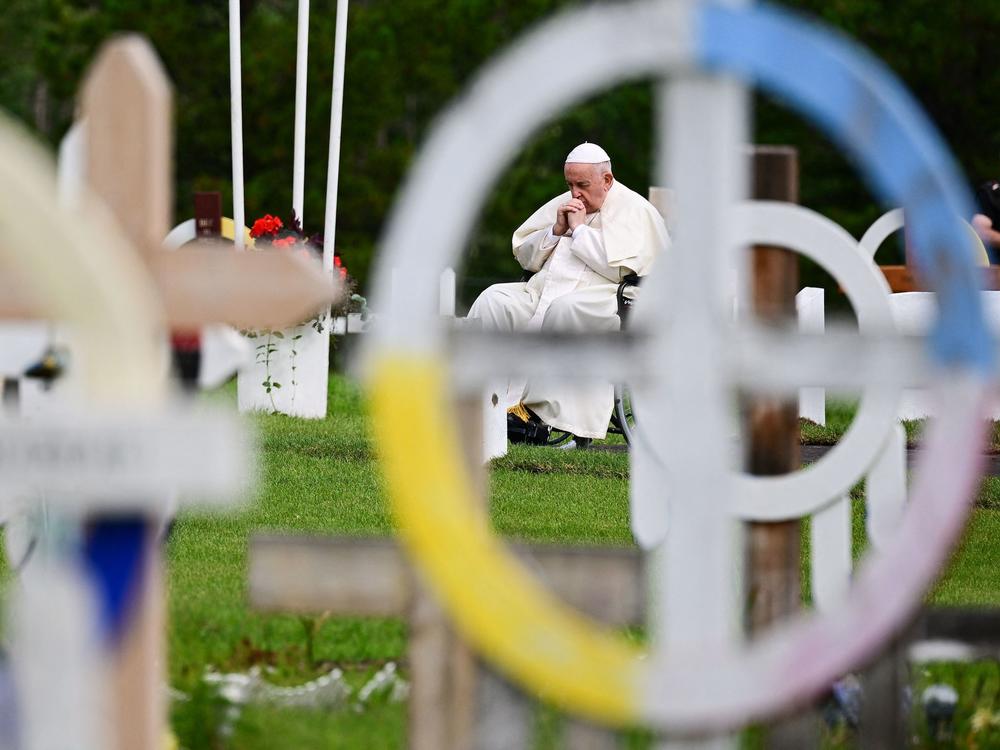 Pope Francis visits the Ermineskin Cree Nation Cemetery in Maskwacis, south of Edmonton, western Canada, on Monday.