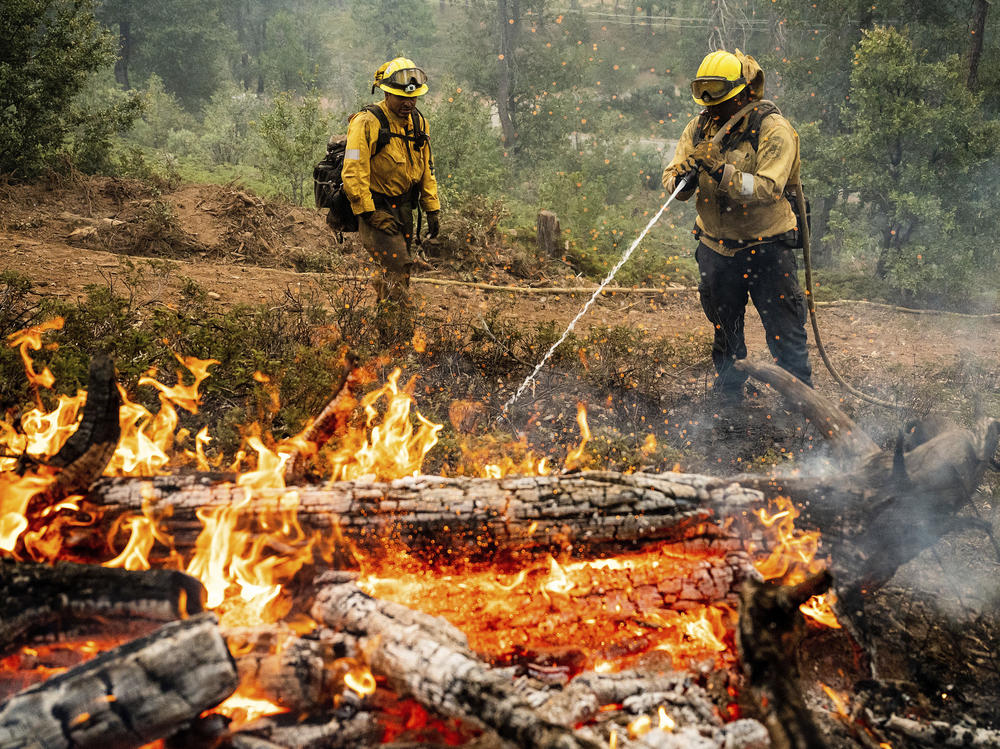 Firefighters mop up hot spots while battling the Oak Fire in the Jerseydale community of Mariposa County, Calif., on Monday.