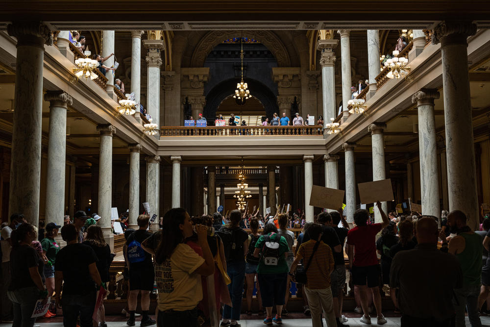 Abortion rights protesters in the Indiana State Capitol building on Monday.