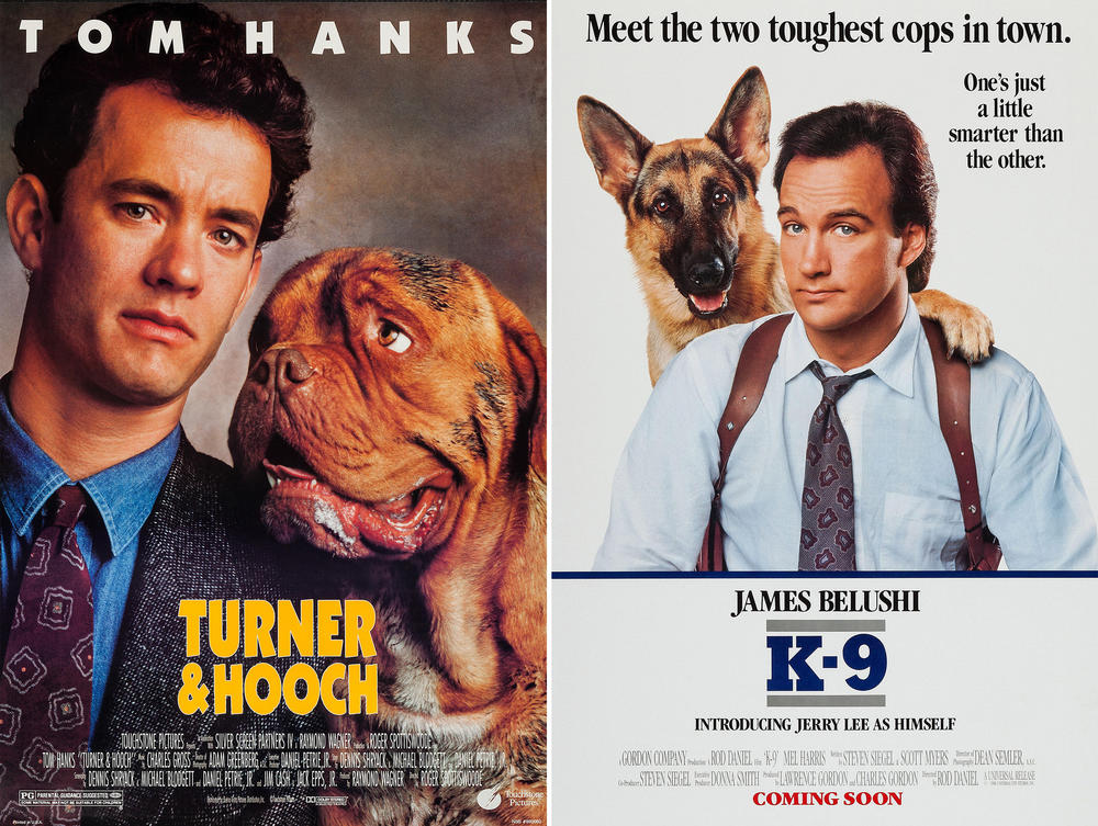 Tom Hanks in <em>Turner & Hooch</em> and Jim Belushi in<em> K-9</em>.