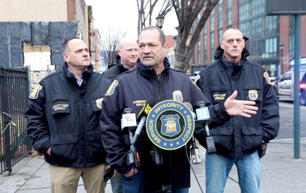 Yonkers Police Commissioner John Mueller speaks to the media on Jan. 17, 2022, after police shot a man wielding a gun inside an apartment in Yonkers. The suspect was shot in the leg, and one officer suffered a concussion. Both were taken to a local hospital with non-life-threatening injuries.