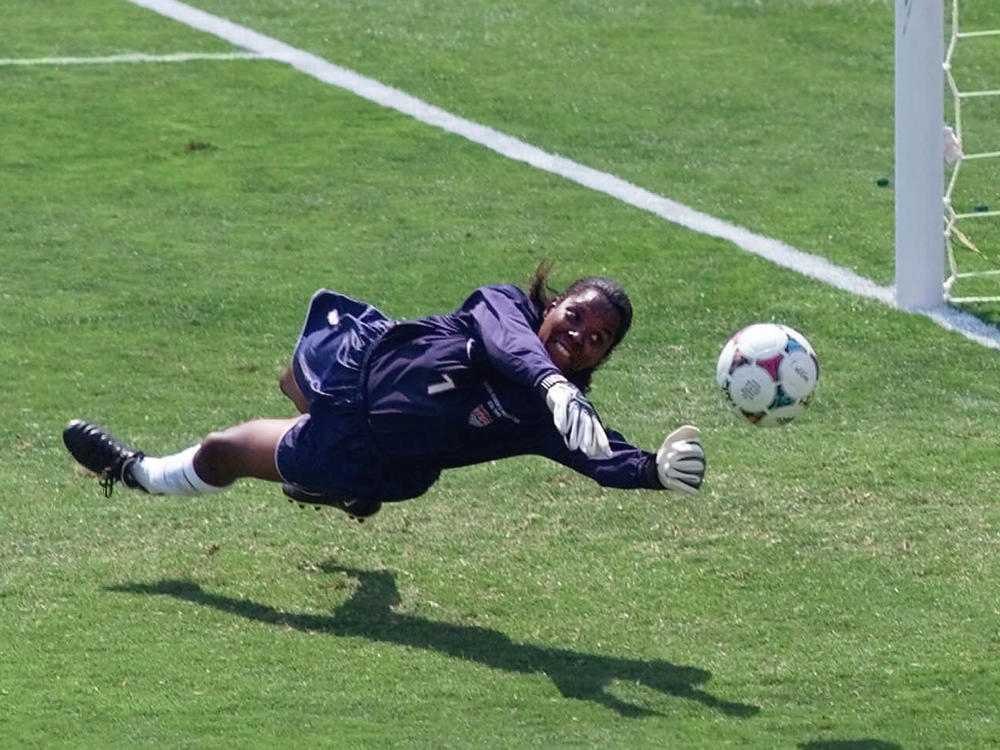 Briana Scurry blocks a penalty shootout during overtime of the Women's World Cup Final against China at the Rose Bowl in Pasadena, Calif., July 10, 1999. The U.S. team won 5-4 on penalties.