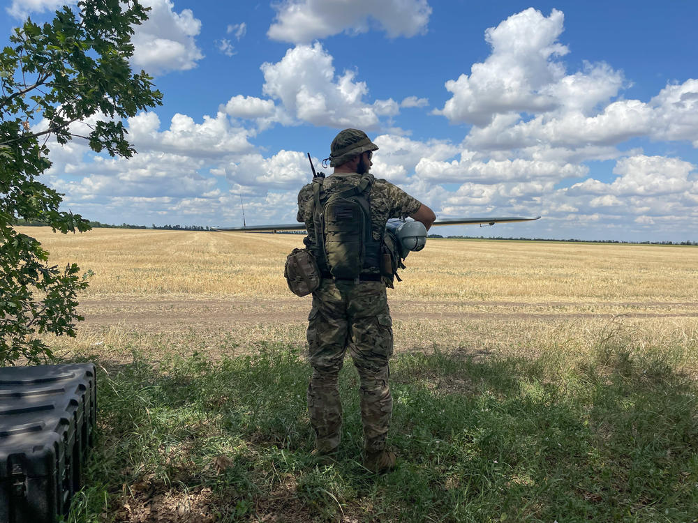 Sacha, from the Karlson team, gets ready to launch a surveillance drone in southern Ukraine. Both the Ukrainians and the Russians are using drones to try to gain an advantage in the conflict.