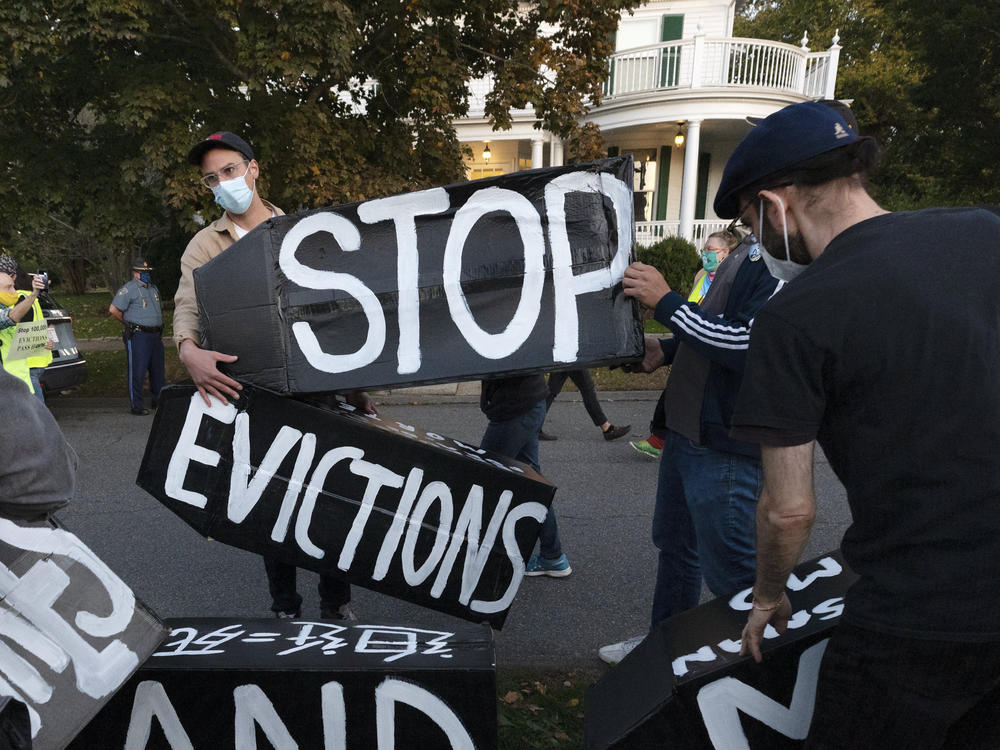 Housing activists in Swampscott, Mass., on Oct. 14, 2020. A congressional report finds that four corporate landlords acted aggressively to push out tenants during the first year of the pandemic, despite a federal eviction moratorium and billions in emergency rental aid.
