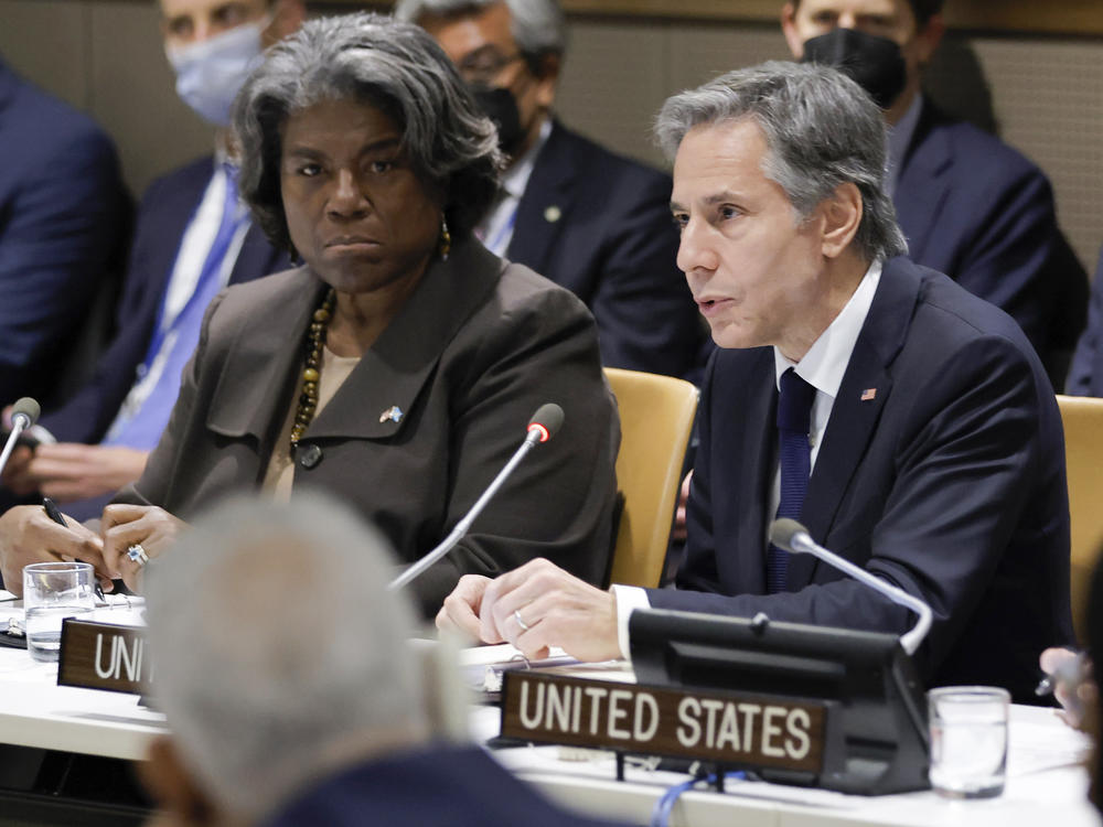 Secretary of State Antony Blinken sits with Linda Thomas-Greenfield, United States ambassador to the United Nations, as they meet with African ministers at UN headquarters, May 18, 2022.