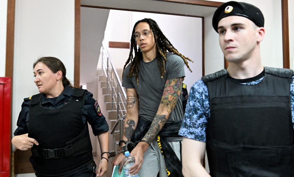 American basketball player Brittney Griner arrives in court outside Moscow on June 27. The U.S. said Thursday that she's been freed in a prisoner swap for convicted Russian arms dealer Viktor Bout.