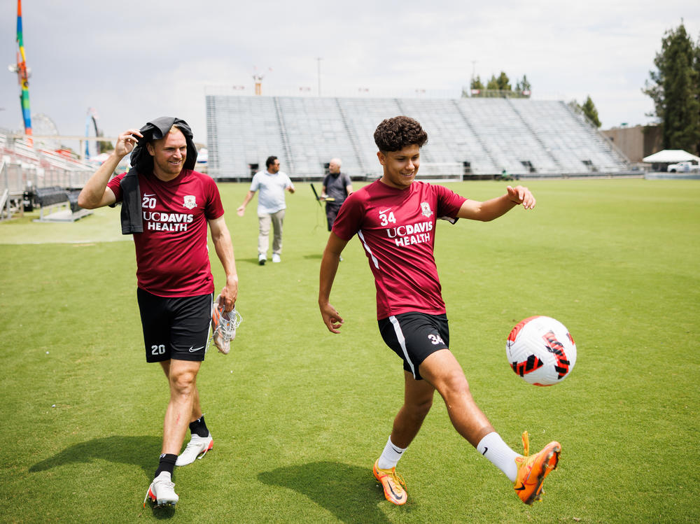 Sacramento Republic FC midfielders Matt LaGrassa and Rafael Jauregui walk to their locker room after practice in Sacramento, Calif. on July 26, 2022.