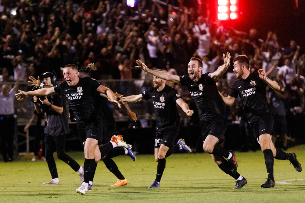 Sacramento Republic FC Players celebrate their U.S. Open semifinal overtime win.