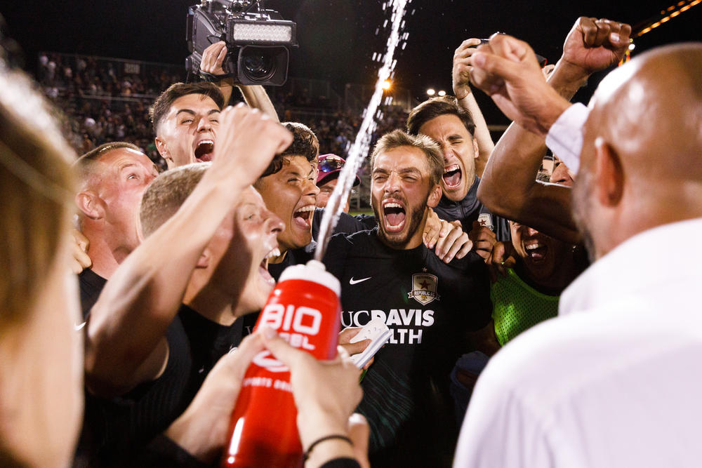 Sacramento Republic FC Players celebrate their U.S. Open semifinal overtime win. Sac Republic defeated MLS mainstay Sporting KC 5-4 in penalty kicks.