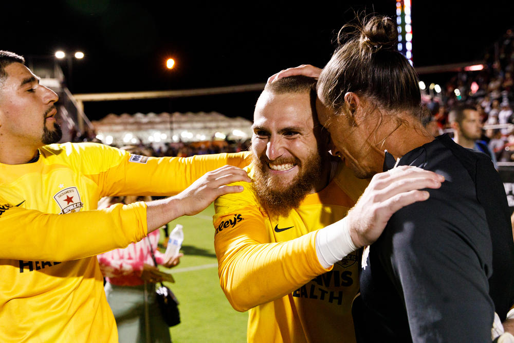 Sacramento Republic FC goalkeeper Danny Vitiello celebrates their U.S. Open semifinal win.