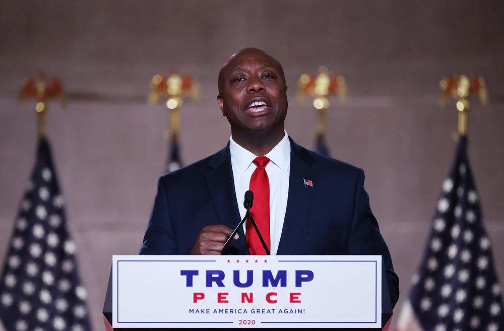 Sen. Tim Scott, R-S.C. addresses the 2020 Republican National Convention. Scott has been talked about as a potential 2024 presidential candidate.