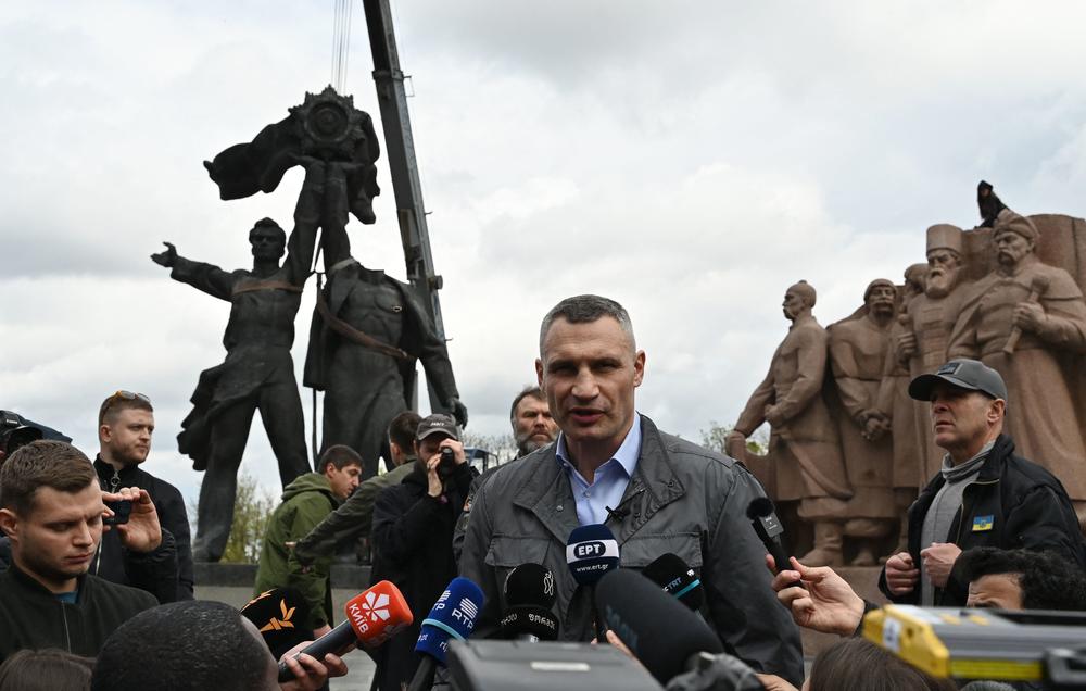 Kyiv Mayor Vitali Klitschko speaks to journalists in April at the demolition of a Soviet-era monument dedicated to Russian-Ukrainian friendship.