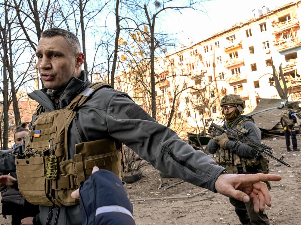 Kyiv Mayor Vitali Klitschko speaks in March in front of an apartment building that was shelled by Russian forces. Klitschko, a former world heavyweight boxing champion, has been mayor of Kyiv since 2014.