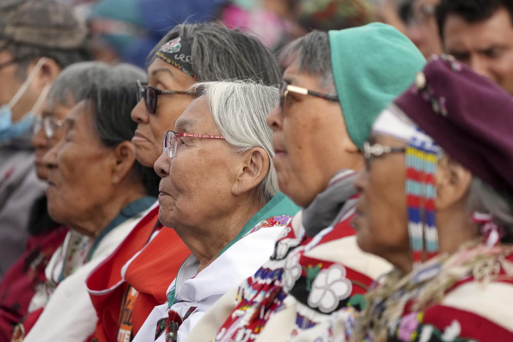Indigenous elders listen as Pope Francis gives an apology during a public event in Iqaluit, Nunavut, on Friday.