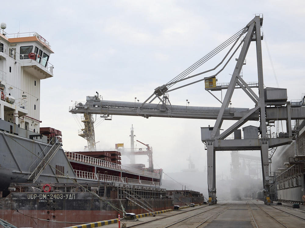 In this photo provided by the Ukrainian Presidential Press Office, a Turkish Polarnet cargo ship loads Ukrainian grain in a port in Odesa region, Ukraine, Friday, July 29, 2022.