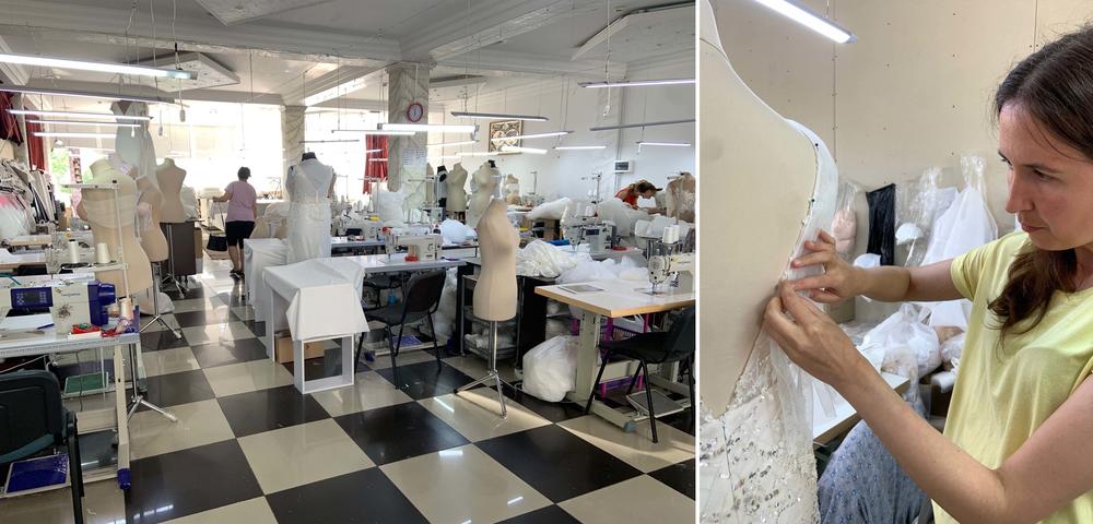 Seamstress Yana Motulyak inspects a dress inside the workshop and showroom of Giovanna Alessandro.