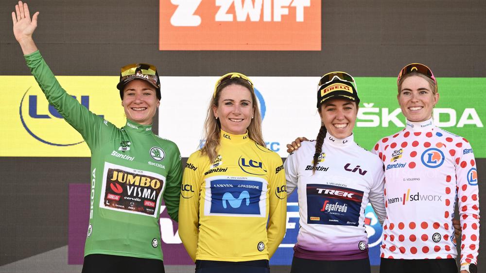 After eight days of racing, Team Jumbo Visma's Marianne Vos finished in the green jersey for the top sprinter; Movistar Team's Annemiek van Vleuten wore the overall leader's yellow; Shirin van Anrooij of Trek-Segafredo wore the best young rider's white jersey; and Team SD Worx's Demi Vollering wore the best climber's polka-dotted jersey on July 31, 2022.