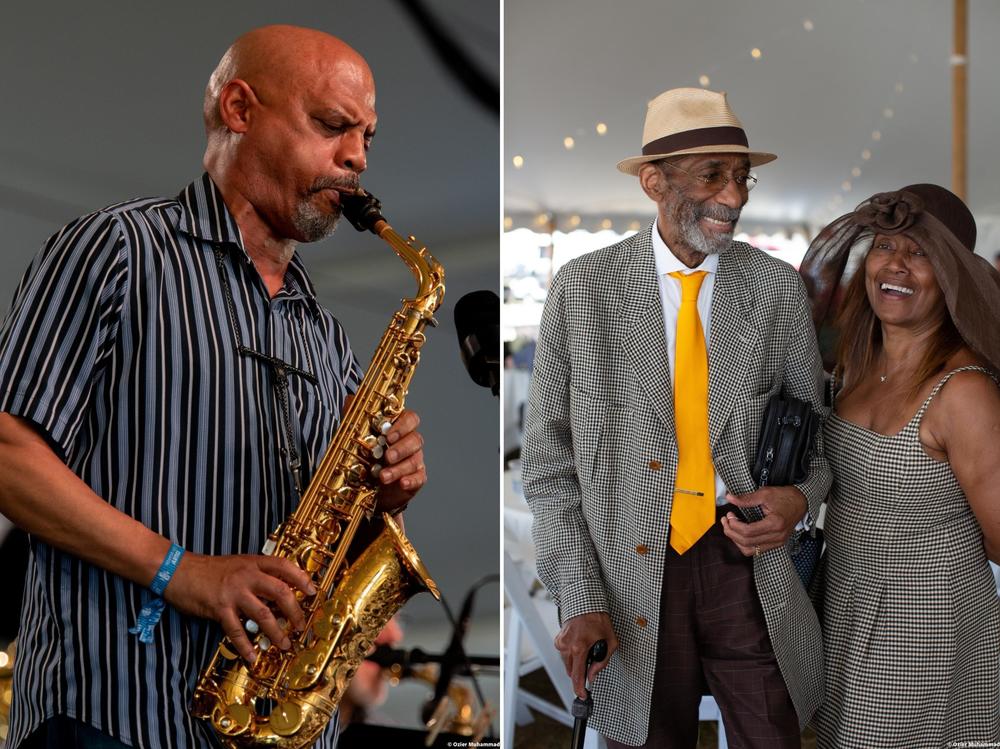Left: Steve Wilson plays the saxophone onstage. Right: Ron Carter and Quintell Williams-Carter.