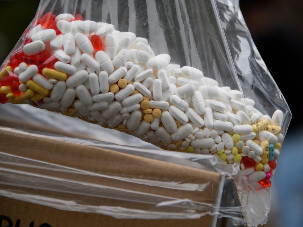 A bag of assorted pills and prescription drugs is dropped off for disposal during the Drug Enforcement Administration's National Prescription Drug Take Back Day on April 24, 2021 in Los Angeles.