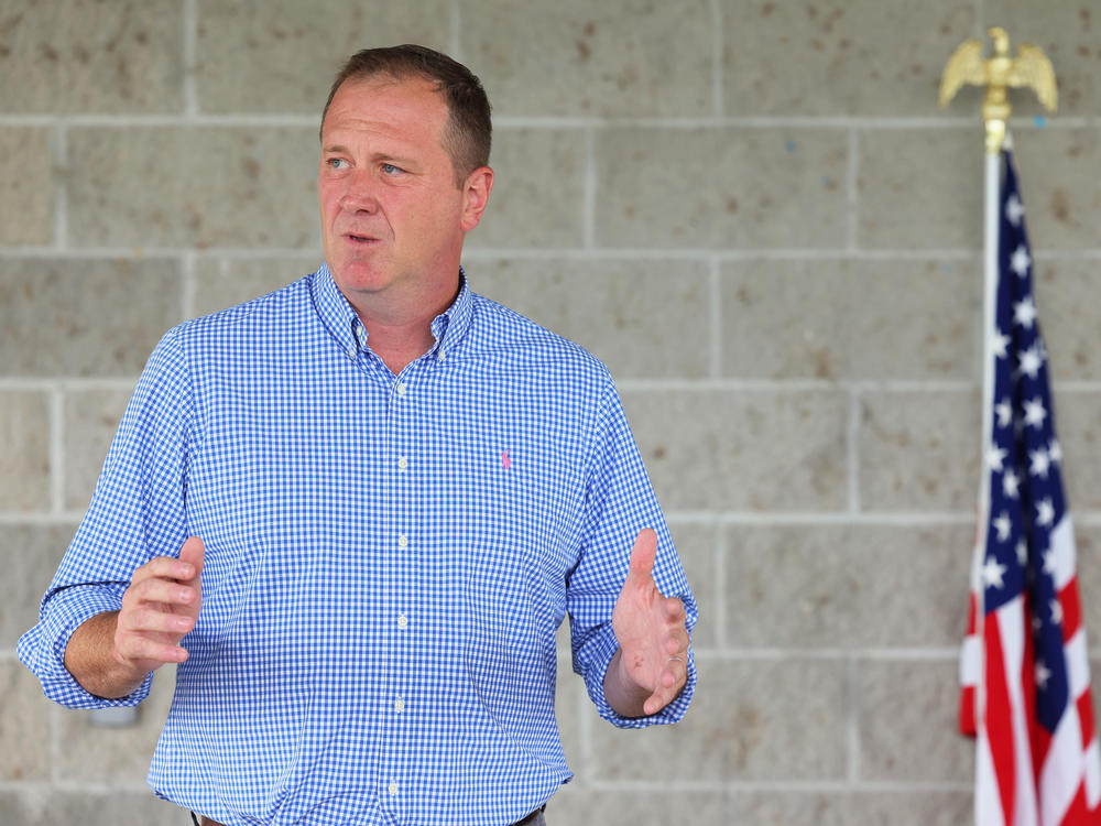 Missouri Attorney General and Republican Senate candidate Eric Schmitt speaks to supporters on July 31 in Farmington, Mo.