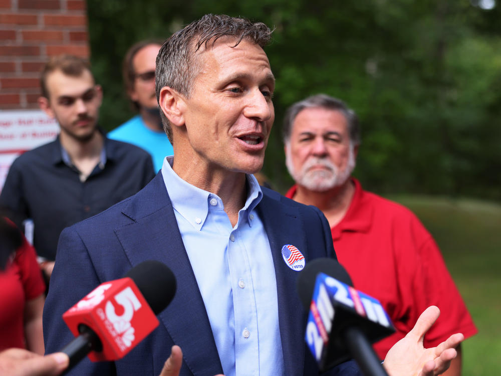 Former Missouri Gov. Eric Greitens speaks with reporters after voting Tuesday in Innsbrook, Mo.
