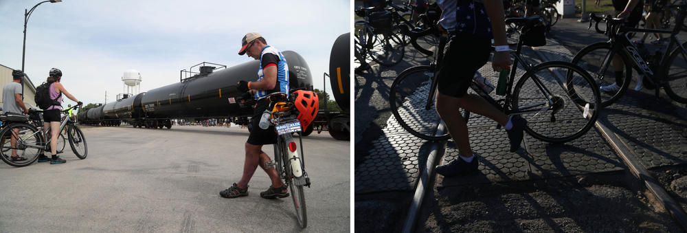 Left: Riders wait for a train to pass through West Bend, Iowa, so they can continue their 56-mile ride Tuesday, July 26, on Day 3 of RAGBRAI. Right: Riders carefully cross train tracks in downtown Whittemore on Wednesday, July 27, on Day 4.