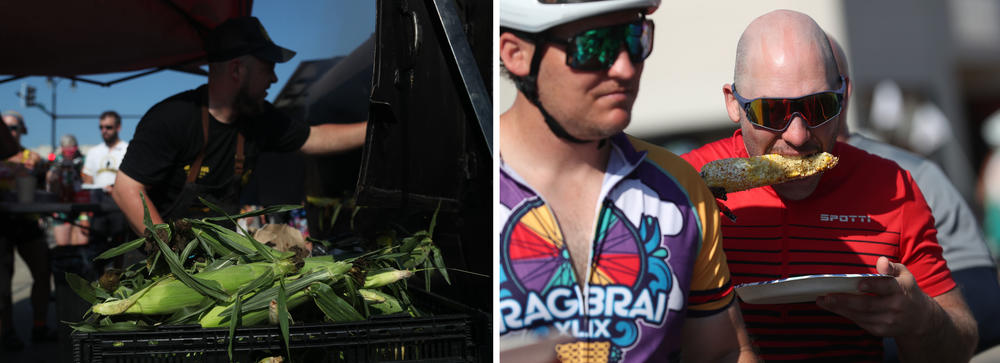Left: Michael Licamon with Amos Deans catering roasts up corn for hungry riders Wednesday, July 28, as they pass through Algona, Iowa. Right: Henry Miller of Memphis, Tenn., bites into an ear of corn in Algona.