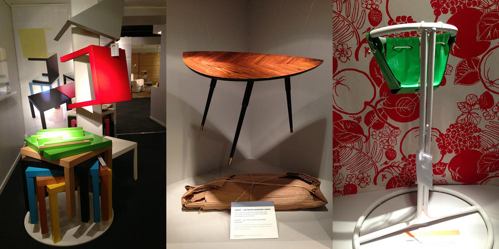 Scenes from the Ikea Hotell/Museum (from left): a soaring assemblage of Lacks, the ubiquitous end table; a dramatically lit Lövet, from the 1950s; the Dino highchair, essentially a bag on a metal stand.