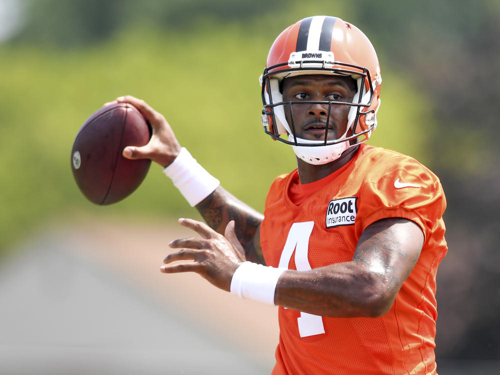 Cleveland Browns quarterback Deshaun Watson throws a pass during the team's training camp on Monday in Berea, Ohio.