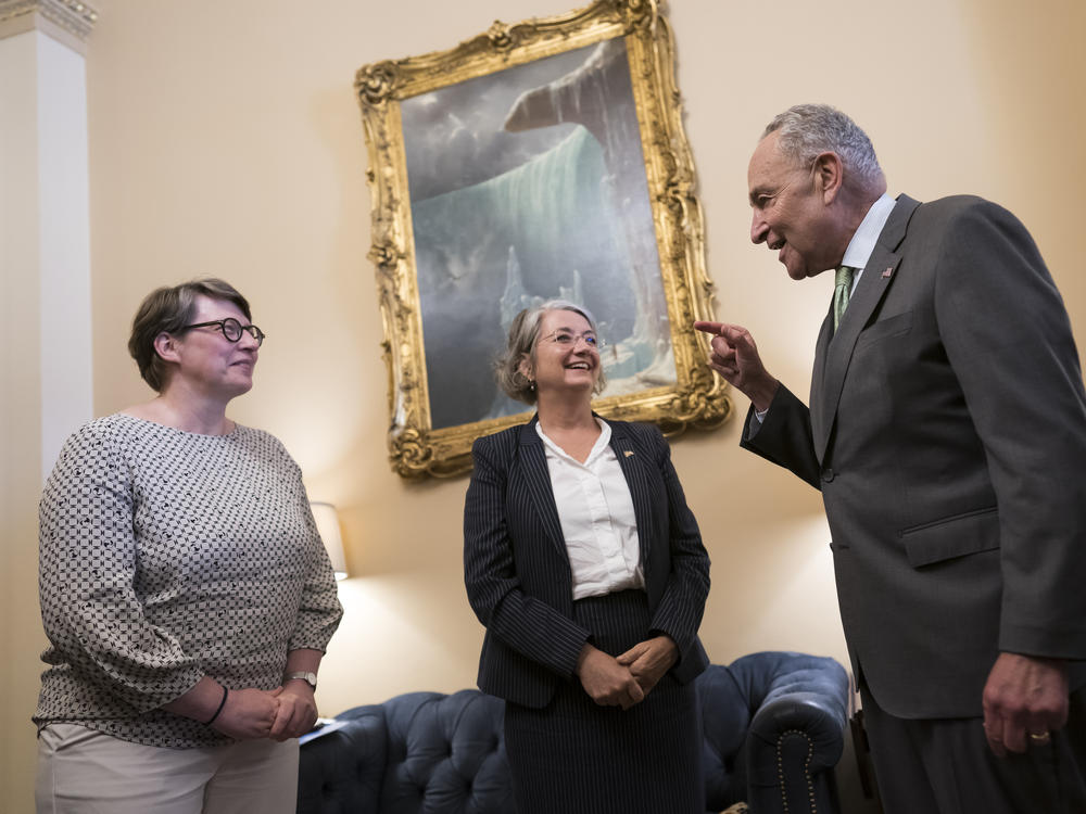 Senate Majority Leader Chuck Schumer, D-N.Y., right, welcomes Paivi Nevala, minister counselor of the Finnish Embassy, left, and Karin Olofsdotter, Sweden's ambassador to the U.S., on Wednesday, Aug. 3, 2022.