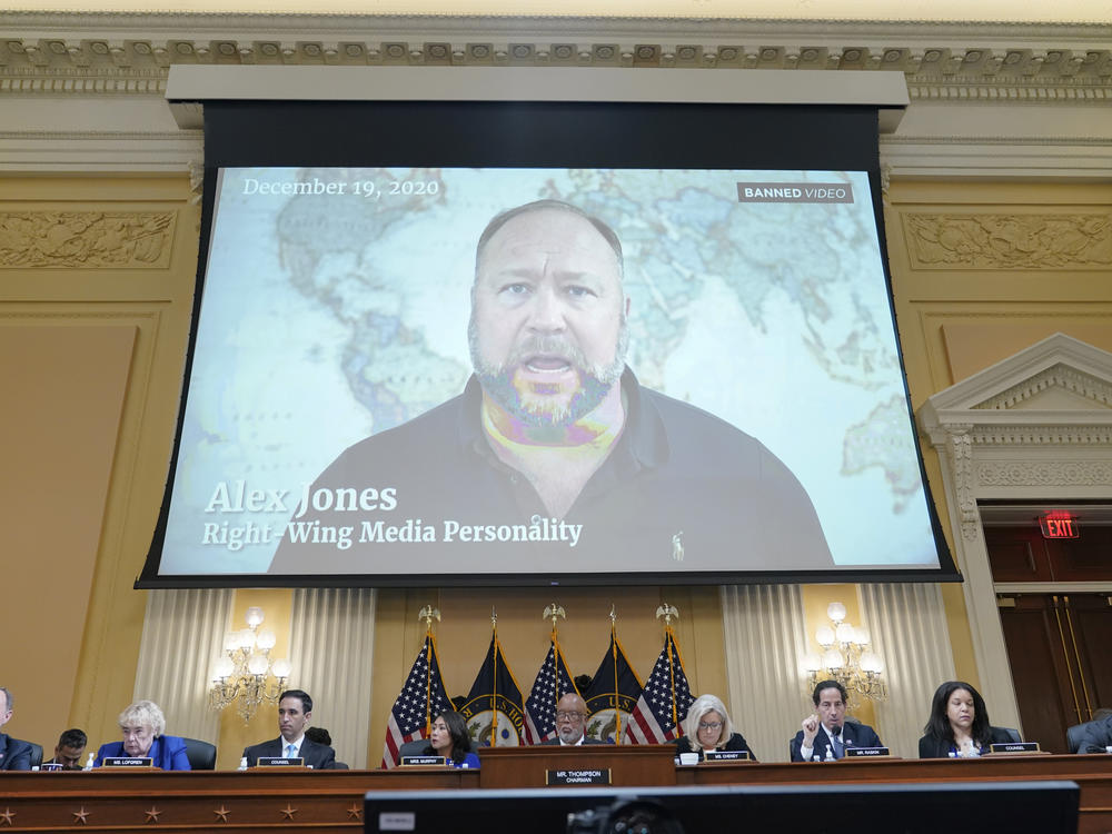 A video showing Alex Jones is shown as the House select committee investigating the Jan. 6, 2021, attack on the U.S. Capitol holds a hearing on July 12.