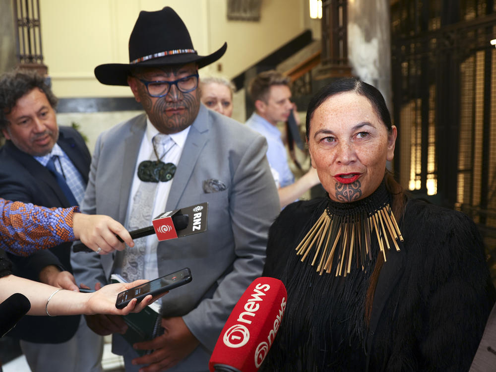 Maori Party co-leaders Rawiri Waititi and Debbie Ngarewa-Packer speak to media during the opening of New Zealand's 53rd Parliament.