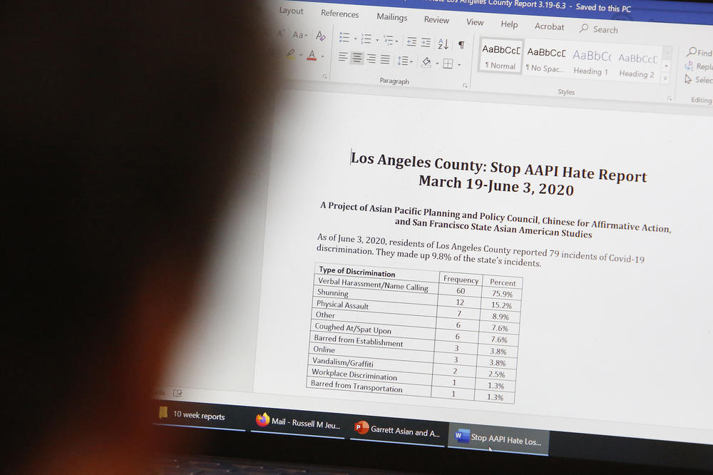 Russell Jeung, chairman and professor, Asian American Studies, San Francisco State University, and founder of STOP AAPI Hate, displays a Stop AAPI Hate report for Los Angeles County from March 19 through June 3 on his computer on Wednesday, June 17, 2020 in Oakland, Calif.