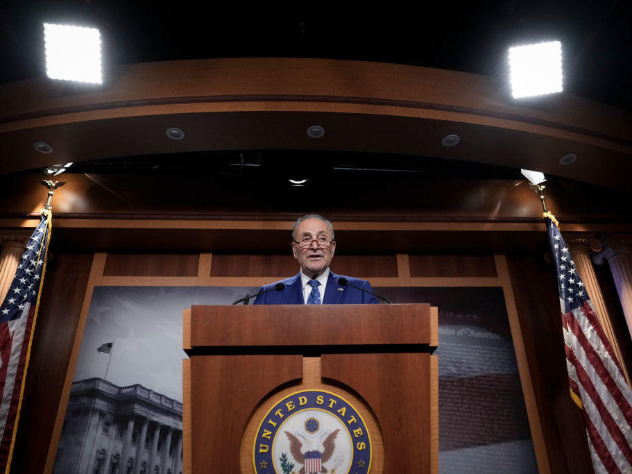 Senate Majority Leader Chuck Schumer, D-N.Y., speaks during a news conference after passage of the Inflation Reduction Act at the U.S. Capitol on Sunday.