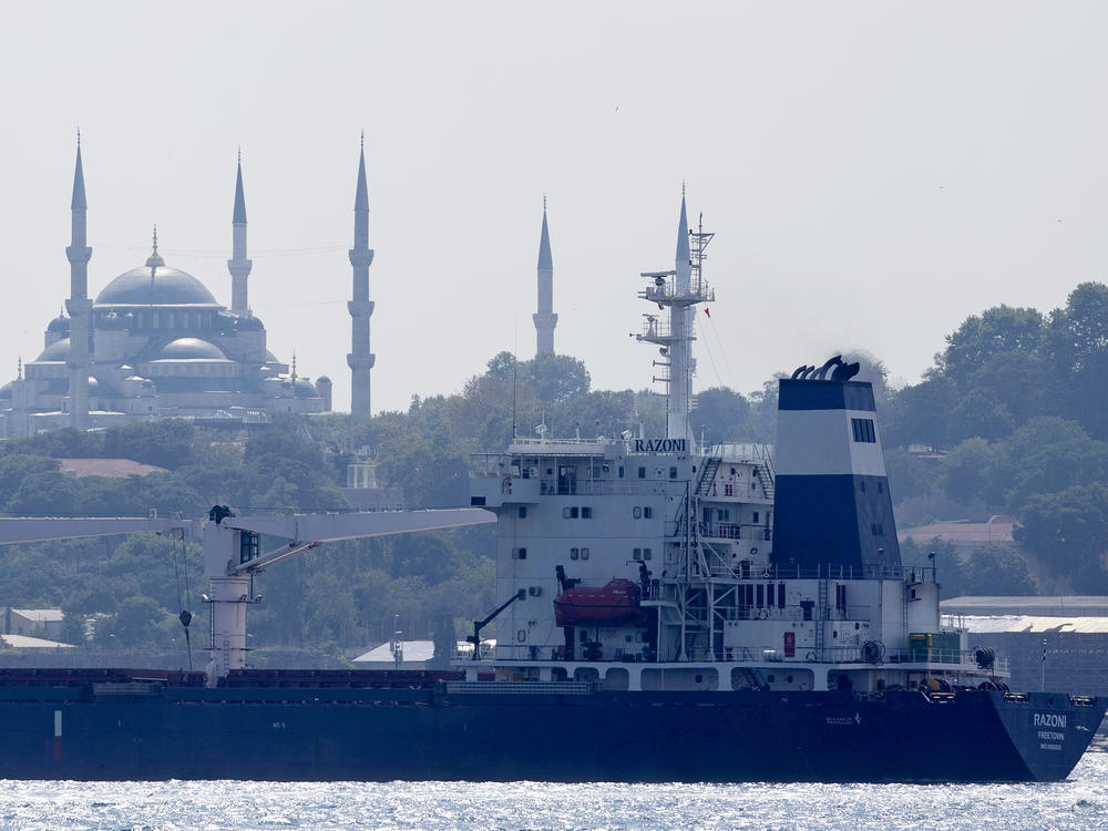 The cargo ship Razoni crosses the Bosporus Strait in Istanbul, Turkey, on Aug. 3. The first cargo ship to leave Ukraine since the Russian invasion was anchored at an inspection area in the Black Sea off the coast of Istanbul Wednesday morning before moving on to Lebanon.