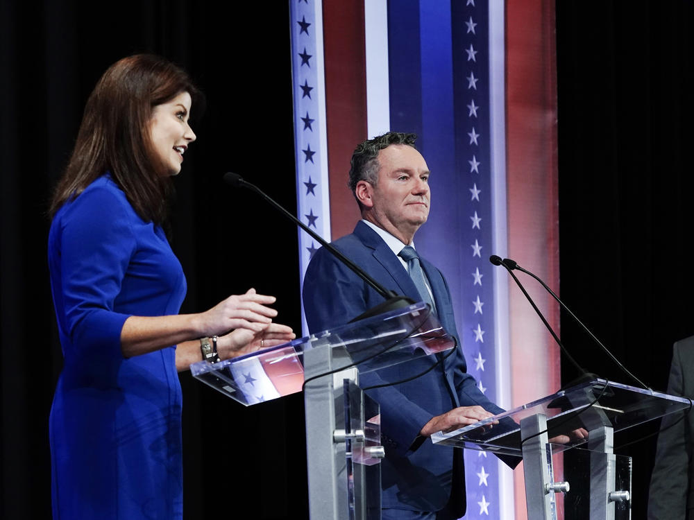 From left, Rebecca Kleefisch, Tim Michels and Timothy Ramthun (not pictured) participate in a televised debate for the GOP nomination for Wisconsin governor on July 24 in Milwaukee.