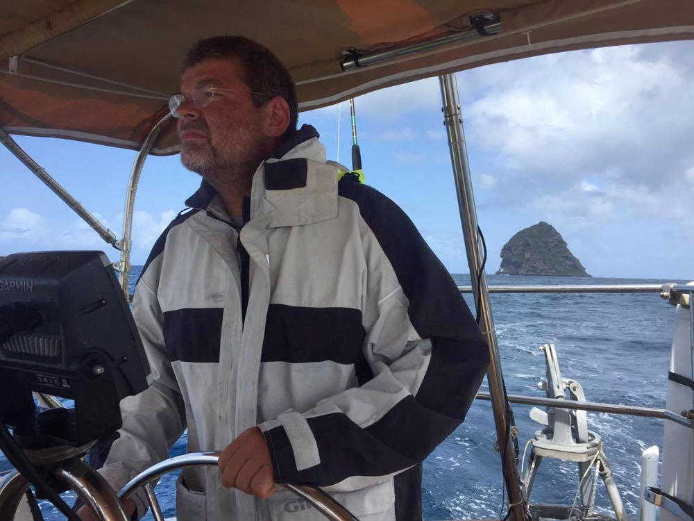Scott Neuman near Martinique in 2017. That island's famous Diamond Rock can be seen in the background.