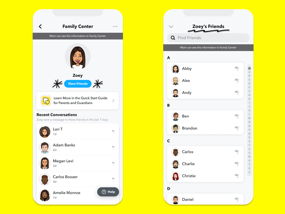 A promotional screengrab of Snapchat's new Family Center, shared by the company ahead of the rollout.