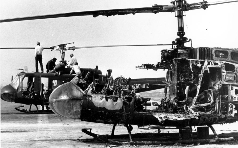 A member of Black September used a grenade to destroy one of the two helicopters that had Israeli hostages inside. The burned-out army helicopter is pictured here at Fürstenfeldbruck air base on Sept. 7, 1972.